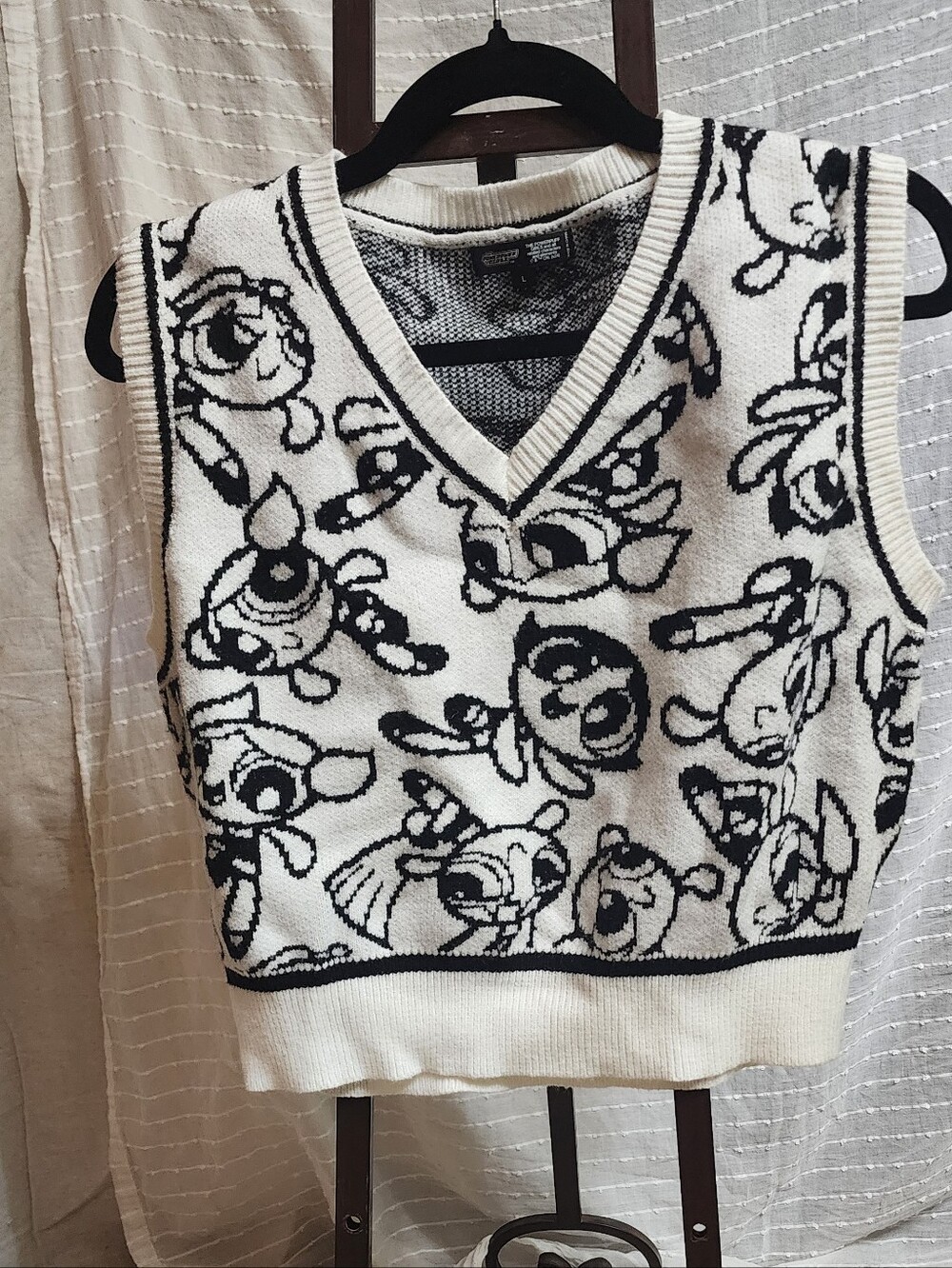 Powerpuff Girls Black & White V-Neck Knit Sweater‎ Vest Y2k Vintage
